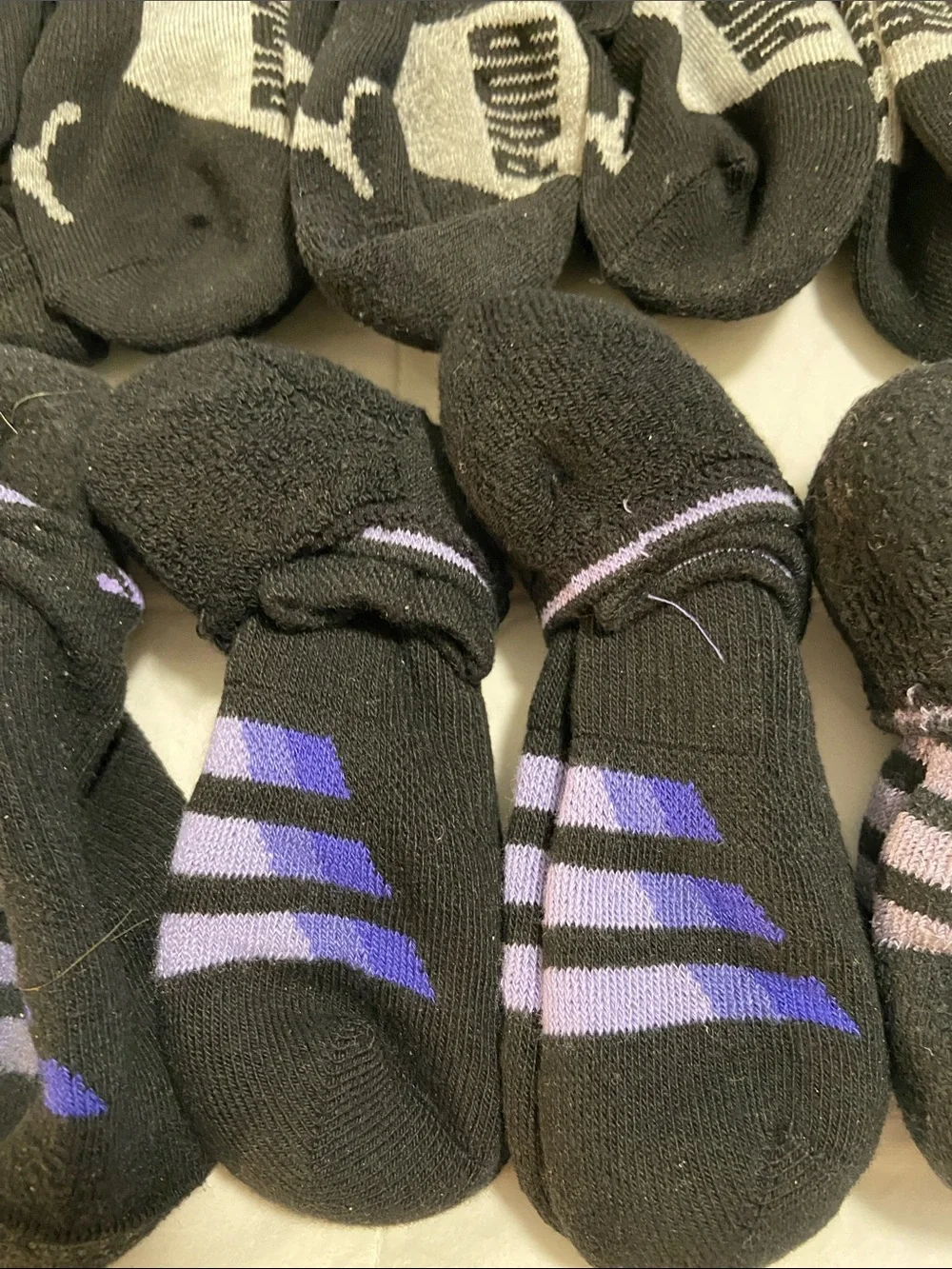 Ladies Puma/ Adidas  Crew Socks in Black, Gray and Purple Accents